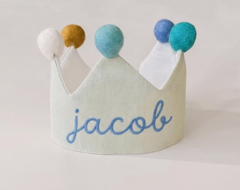 Embroidered Linen Baby Birthday Crown, Baby Keepsake Gift, Personalised Birthday Crown