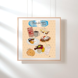 May include: A colorful illustration of Honduran cuisine, featuring dishes like baleadas, carne asada, and fried plantains. The illustration is set against a light orange background with a blue and white stripe at the top that reads "Honduran Cuisine".