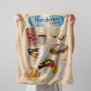May include: A beige kitchen towel with a watercolor illustration of Honduran cuisine. The towel features images of traditional dishes like baleadas, enchiladas, and rice and beans. The text "Honduran Cuisine" is written in blue at the top of the towel.
