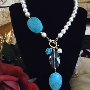 Turquoise and shell pearls choker necklace.Handmade unique turquoise necklace, gift for her Majestic Unique design.