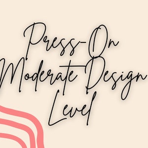 May include: Press-on nail design with a pink and white abstract background. The text reads "Press-On Moderate Design Level".