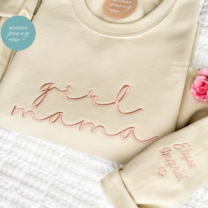 GIRL MAMA SWEATSHIRT, girl Mama Custom christmas Gift Embroidered Mom Crewneck with Kids Names Sweatshirt Pregnancy Reveal Gift for New Mom