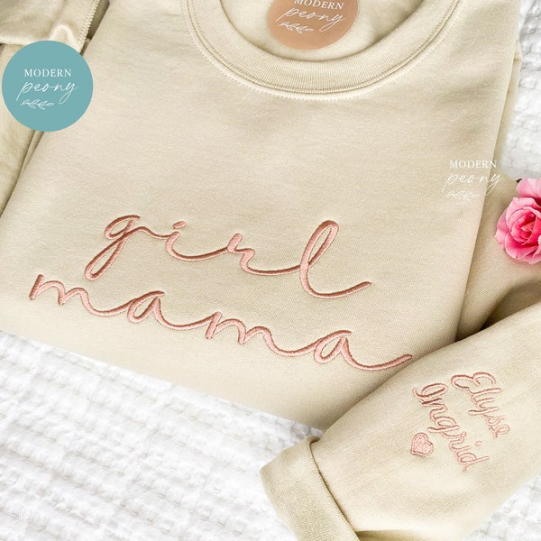 GIRL MAMA SWEATSHIRT, girl Mama Custom christmas Gift Embroidered Mom Crewneck with Kids Names Sweatshirt Pregnancy Reveal Gift for New Mom