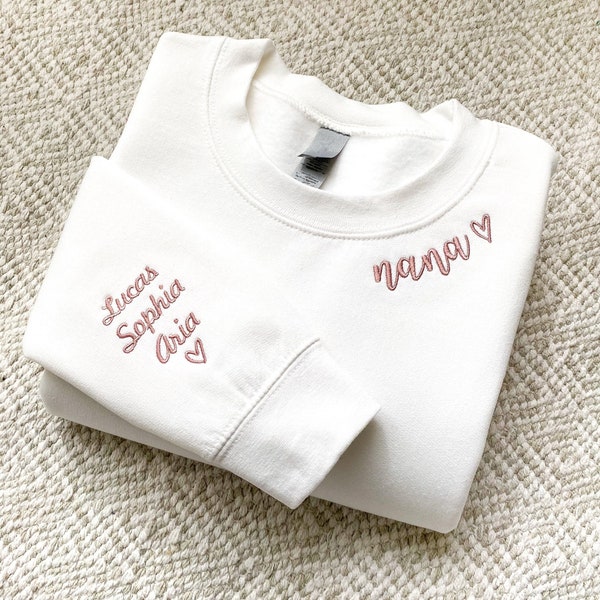 Nana Sweatshirt, Grandma Gift Embroidered Crewneck with Grandkids Names on sleeve Gift for New Nana Gift Custom Shirt Gigi Gift