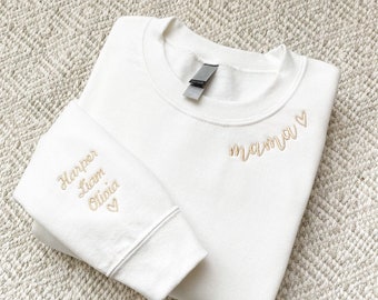 MAMA SWEATSHIRT, Custom Embroidered Mama Crewneck with Kids Names Sweatshirt Pregnancy Reveal Gift for New mom Custom Shirt Mothers Day Gift