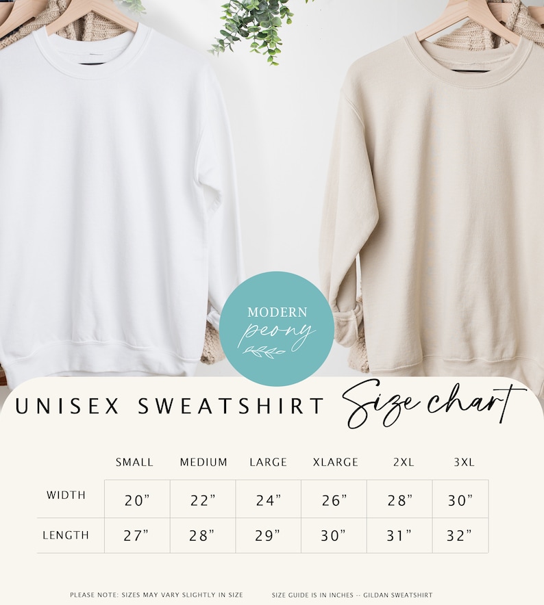May include: Unisex sweatshirt size chart with measurements in inches for small, medium, large, extra large, 2XL, and 3XL. The chart shows width and length measurements for each size.