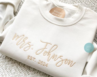 Custom Mrs Sweatshirt, Embroidered Future Mrs Name Crewneck Bride to Be Gift for Bridal Shower Engagement Gift Mrs Last Name Honeymoon Shirt