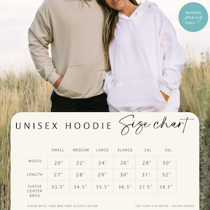 May include: Unisex hoodie size chart with measurements in inches for small, medium, large, extra large, 2XL, and 3XL sizes. The chart shows width, length, and sleeve center back measurements.
