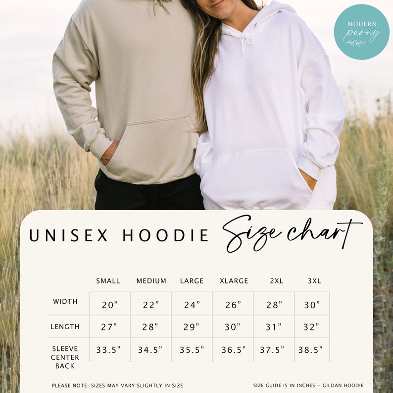 May include: Unisex hoodie size chart with measurements in inches for small, medium, large, extra large, 2XL, and 3XL sizes. The chart shows width, length, and sleeve center back measurements.