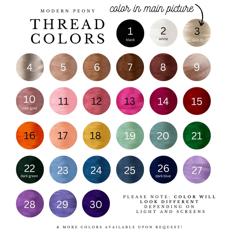 May include: Chart of 30 different thread colors for embroidery, with color names and numbers.  The colors include black, white, gold, rose gold, dark green, and dark blue.