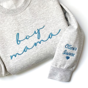 BOY MAMA SWEATSHIRT, Boy Mama Custom Mothers Day Gift Embroidered Mom Crewneck with Kids Names Sweatshirt Pregnancy Reveal Gift for New Mom