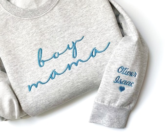 BOY MAMA SWEATSHIRT, Boy Mama Custom Mothers Day Gift Embroidered Mom Crewneck with Kids Names Sweatshirt Pregnancy Reveal Gift for New Mom