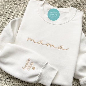 Mama Embroidered sweatshirt, Mama Crewneck Sweatshirt Pregnancy Reveal Gift for New mom Custom Mom Shirt with Kids Names sleeve Mama Sweater