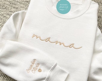 Mama Embroidered sweatshirt, Mama Crewneck Sweatshirt Pregnancy Reveal Gift for New mom Custom Mom Shirt with Kids Names sleeve Mama Sweater