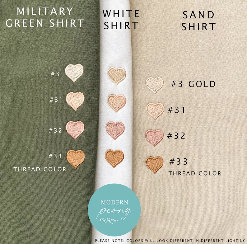 May include: Fabric swatches in military green, white, and sand colours with embroidered hearts in different shades of beige, pink, and brown. The text "#3", "#31", "#32", and "#33" are next to each heart. The text "THREAD COLOR" is below the hearts on the military green and sand swatches. The text "MODERN peony" is in a circle on the white swatch. The text "PLEASE NOTE: COLORS WILL LOOK DIFFERENT IN DIFFERENT LIGHTING" is at the bottom of the image.