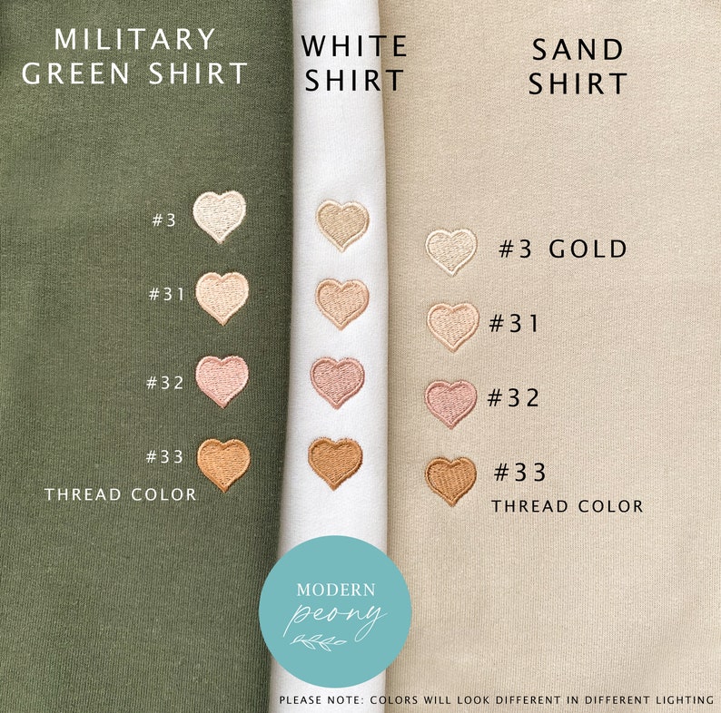 May include: A close-up of three fabric swatches with embroidered hearts in different colors. The swatches are labeled "Military Green Shirt", "White Shirt", and "Sand Shirt". Each swatch shows four different thread colors with corresponding numbers: #3, #31, #32, and #33. The text "THREAD COLOR" appears below the hearts on each swatch.