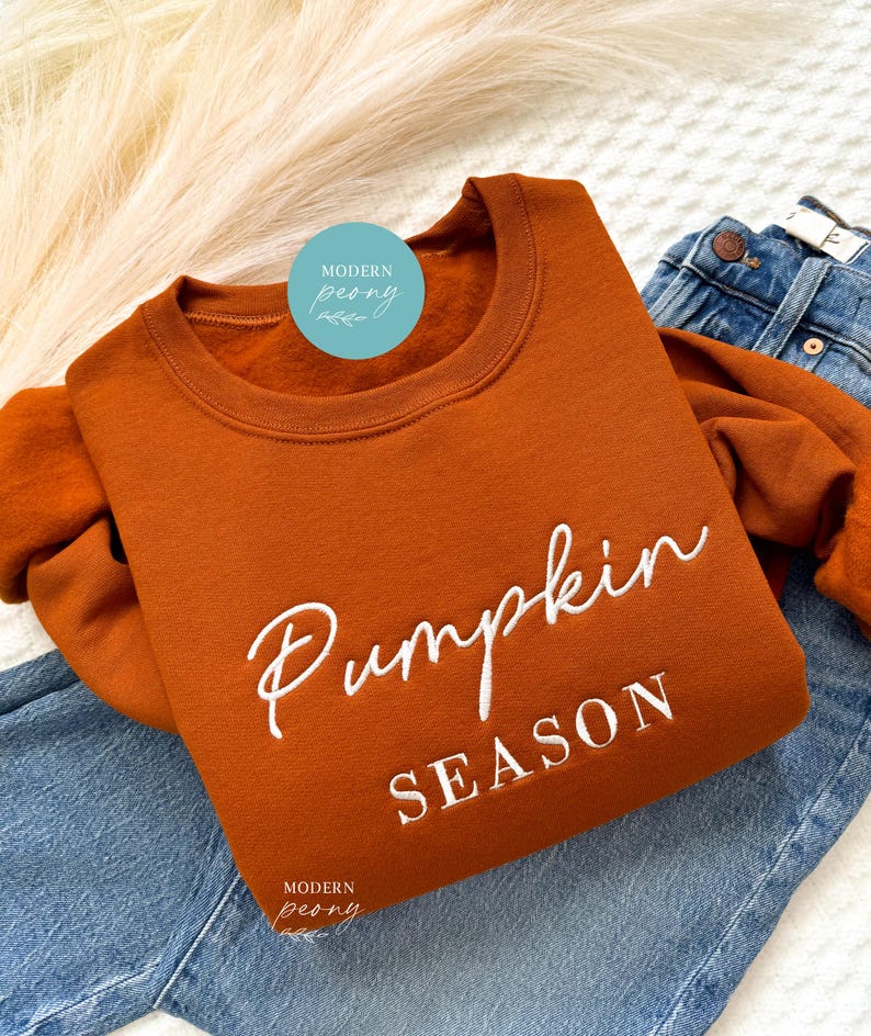 May include: A rust-coloured sweatshirt with the text "Pumpkin Season" embroidered in white.