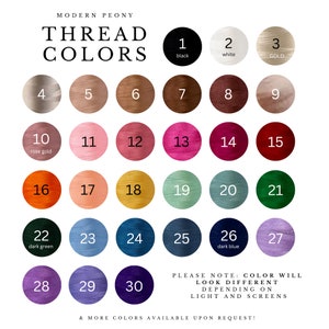 May include: A chart of 30 different thread colours for embroidery, with numbers and names for each colour. The colours include black, white, gold, rose gold, dark green, and dark blue.
