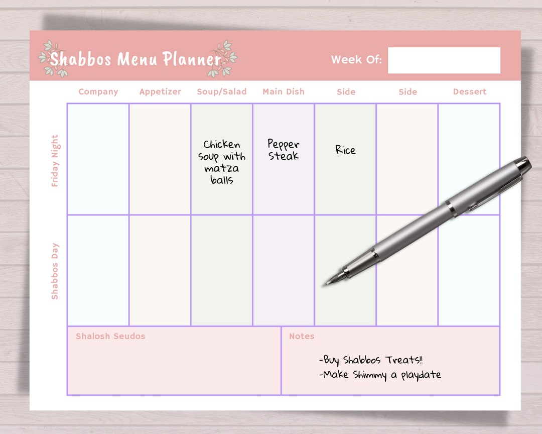 Printable Shabbos Menu Planner Shabbat Printable Menu Meal Plan ...