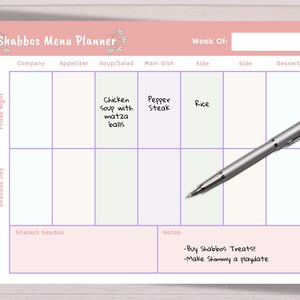 Printable Shabbos Menü Planer Shabbat Printable Menu Meal Plan Printable Minimal Menu Shabbos Plan