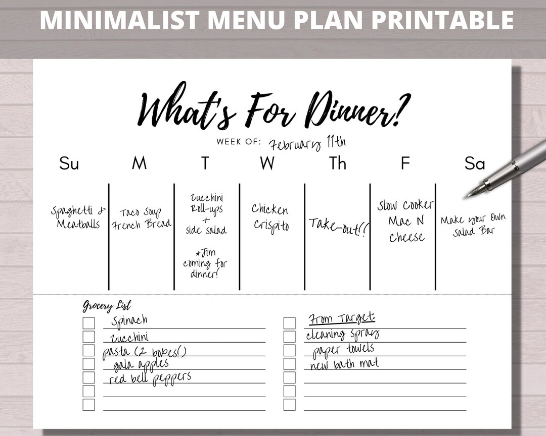 Minimalist Menu Plan Printable Weekly Menu Plan PDF Meal Planner ...