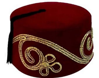 Fez Fes türkischen Osmanischen Hut Tarboosh Ottoman Wear Burgund mit Stickerei