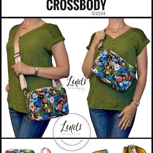 May include: The Rae Dual Zip Crossbody bag with a floral pattern. The bag is shown in multiple views, including a front view and an interior view. Finished dimensions are 10" wide x 6.5" high x 3" deep.