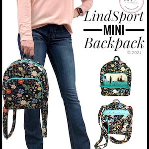 May include: A black and teal floral mini backpack with a clear front pocket. The backpack is shown being worn by a person and also laid flat. The text "LindSport - MINI - Backpack © 2021" is visible in the image.