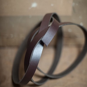 May include: A close-up of a brown leather strap, folded and twisted into a figure eight shape.