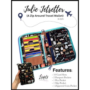 May include: A teal zip-around travel wallet with the text "Julie Jetsetter" and a small airplane graphic. The wallet features multiple card slots, passport pockets, and a coin pocket. A smaller wallet with a London design is also shown.