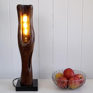 Natural Wood Table Lamp: Rustic Modern Sculpture with Edison Bulb