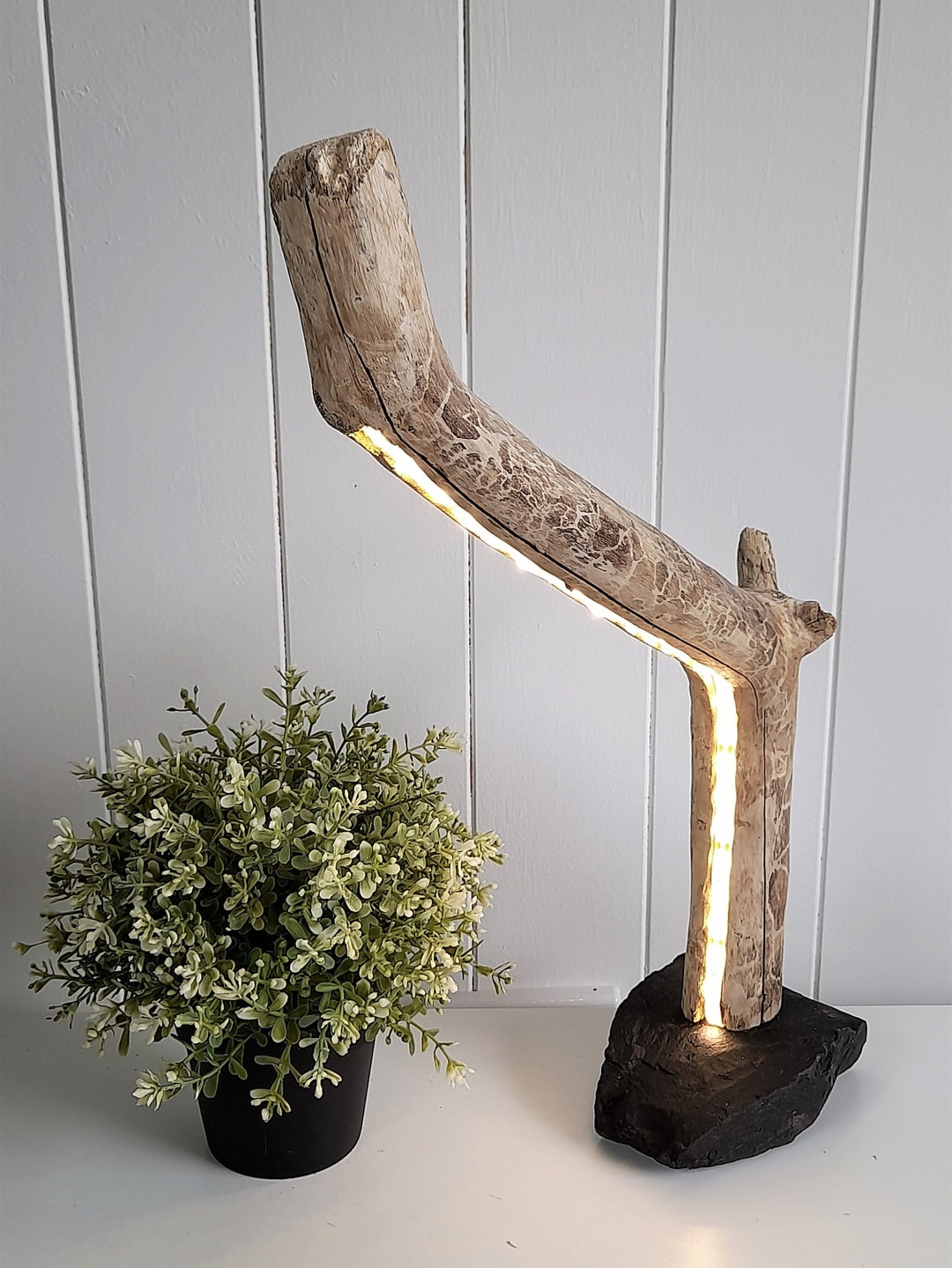 Driftwood Table Lamp With LED: Rustic Stone Base, Australian