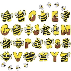 Letras de abelha de mel, remendo para passar a ferro, remendo para costura, alfabeto bordado fofo de A a Z, amarelo, preto, listrado para criança, camisa, jaqueta, chapéu, mochila