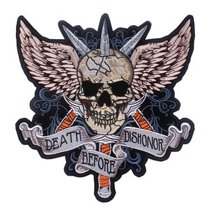 Wing Skull Large Sew Iron On Patch Embroidered Death Before Dishonor Skeleton Skull Bone Emblem Badge Back Jacket Coat T-Shirt Biker Rider