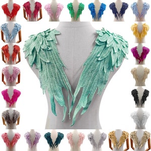 3D Angel Wing Shoulder Strap Patch Pair Guipure Lace Neckline Collar Feather Trim Sew DIY Craft Applique Motif Wedding Dress Gown Costume