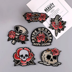 Skull Rose Sew Iron On Patch Skeleton Flower Embroidered Motorcycle Emblem Badge Women Gothic Goth Cap Hat Jacket T-Shirt Lady Rider Biker
