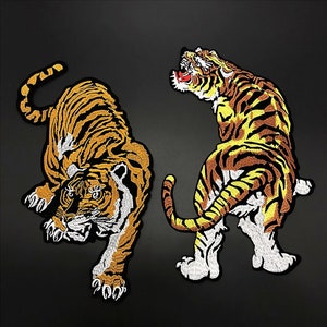 Large Tiger Iron On Patch Sew On Patch Embroidered Embroidery Crouching Bengal Roaring Motif Back Patch for Jacket Coat Backpack