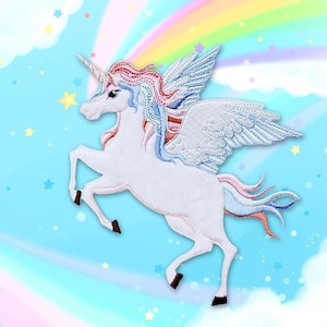 May include: A white unicorn with pink, blue and orange mane and tail, with white wings, against a blue and pink background with a rainbow.