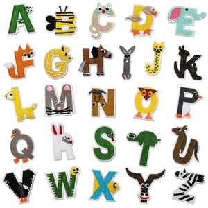 26 Animal Alphabet Letter Iron on Patch Sew on Patch Embroidered Cute A