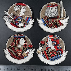 Runder Aufnäher zum Aufnähen Poker König Dame Jack Spade Spieler Karten gesticktes Emblem Abzeichen für Rucksack Hut Jacke Mantel T-Shirt Dekoration