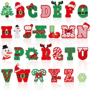 Parche para planchar con letras navideñas, parche para coser, muñeco de nieve, reno, medias navideñas, sombrero, árbol, alfabeto en mayúsculas, bordado para camiseta, mochila, chaqueta