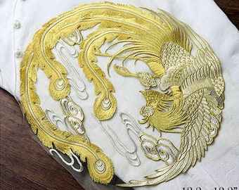 Gold Phoenix Round Sew On Patch Large 12"/ 31cm Japanese Bird Back Patch Embroidery Big Notion Applique for Wedding Gown Jacket Dress Rider