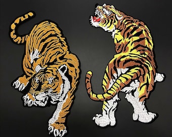 Large Tiger Iron On Patch Sew On Patch Embroidered Embroidery Crouching Bengal Roaring Motif Back Patch for Jacket Coat Backpack