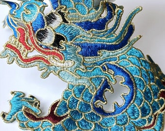 13" Large Chinese Dragon Patch Azure Dragon Sew On Back Patch Metallic Blue Turquoise Embroidered Applique for Jacket Denim Backpack