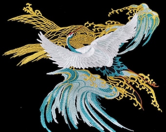 Large Crane Sew On Patch 15"/40cm Embroidered Gold Wave Tsuru Japanese Chinese Bird Back Patch Big Applique Motif Jacket Dress Gown Pant