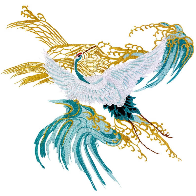 Turquoise Blue Green Crane Tsuru Sew on Patch Large Back Patch