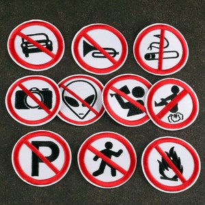 Round Sew Iron On Patch No Smoking Parking Alien Fire Funny Funk Embroidered Emblem Badge for Backpack Hat Jacket Coat T-Shirt Decoration