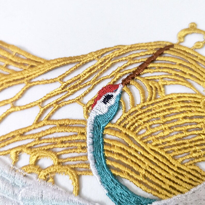 Large Crane Sew On Patch 15"/40cm Embroidered Gold Wave Tsuru Japanese Chinese Bird Back Patch Big Applique Motif Jacket Dress Gown Pant