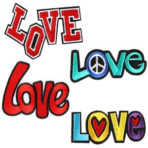May include: Four embroidered iron-on patches with the word "LOVE" in different styles. The patches are in red, blue, yellow, green, and white.
