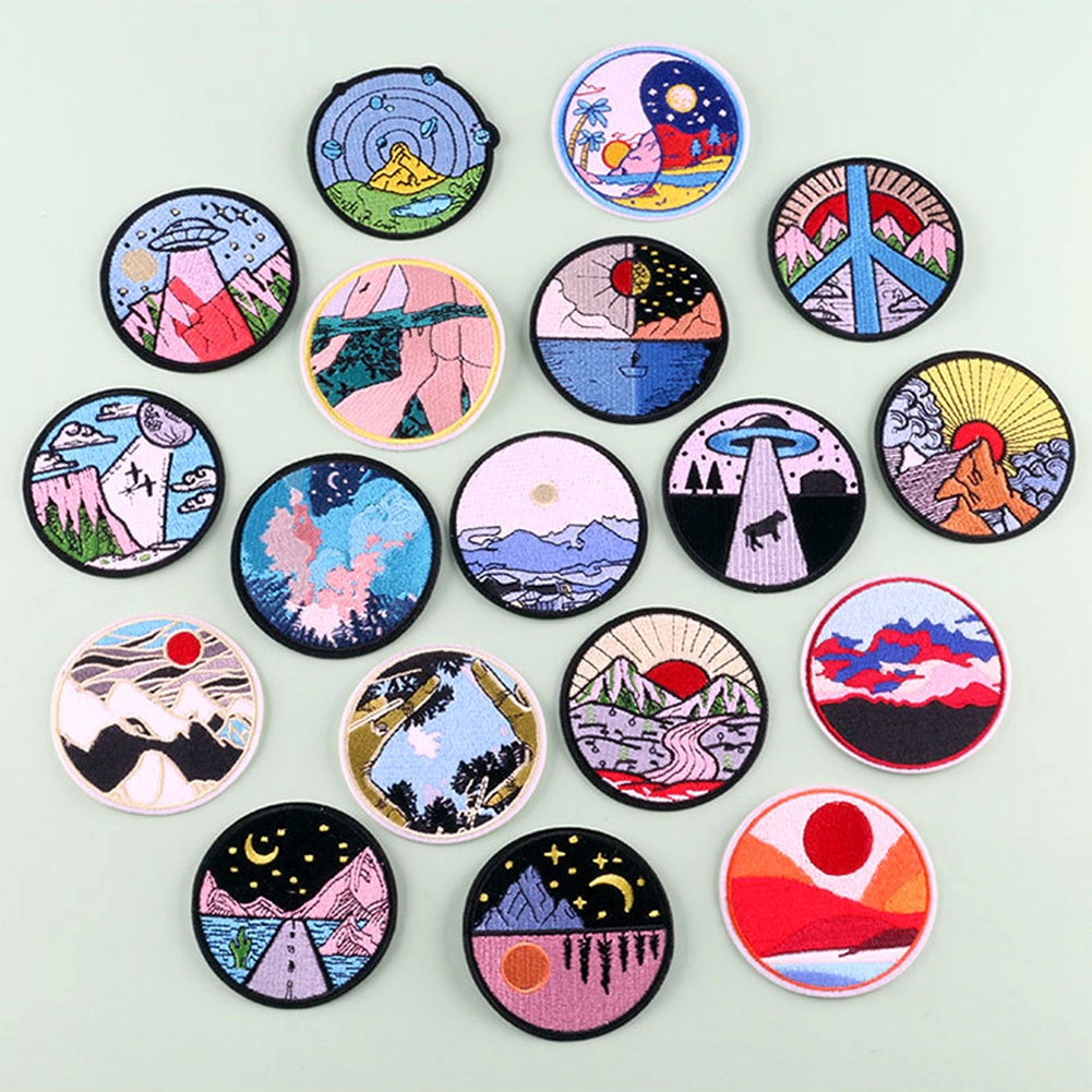 Round Popular Patches 23 DESIGNS to Choose From. Embroidered Sew on / Iron  on Biker Nature Space Patch Badge Applique Jeans Bags Clothes 